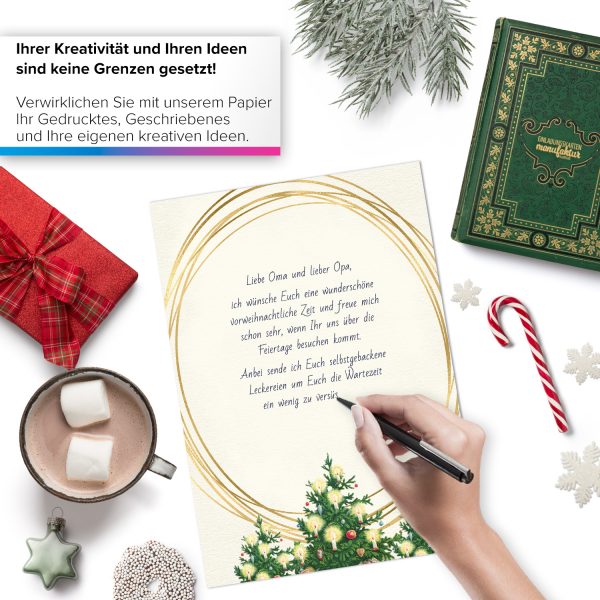 50 Blatt Weihnachtspapier (A4) | Tannenbaum ovaler Goldrahmen Look | Motivpapier | edles Briefpapier Weihnachten | beidseitig weihnachtlich bedruckt – Bild 2