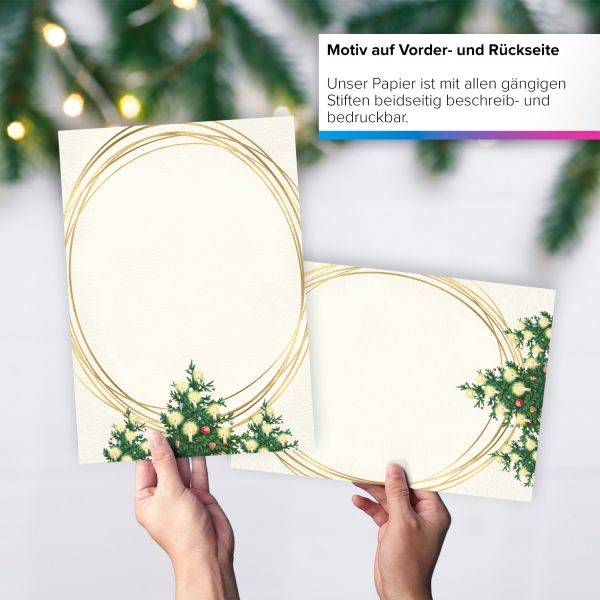 50 Blatt Weihnachtspapier (A4) | Tannenbaum ovaler Goldrahmen Look | Motivpapier | edles Briefpapier Weihnachten | beidseitig weihnachtlich bedruckt – Bild 6