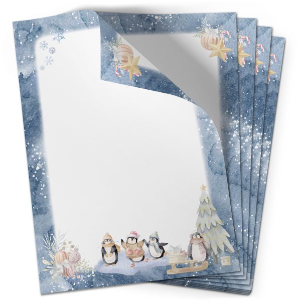 50 Blatt Briefpapier (A4) | Aquarell Pinguine Blau  | Weihnachten Weihnachtspapier | edles Design Papier | beidseitig bedruckt | Bastelpapier