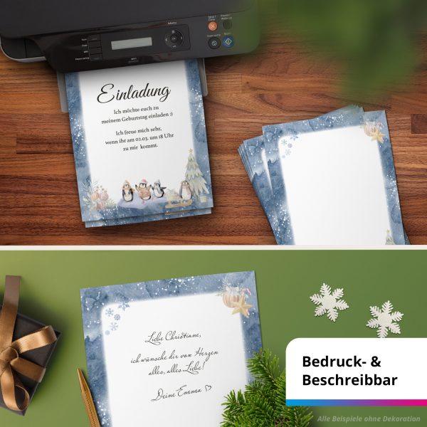 50 Blatt Briefpapier (A4) | Aquarell Pinguine Blau  | Weihnachten Weihnachtspapier | edles Design Papier | beidseitig bedruckt | Bastelpapier – Bild 6