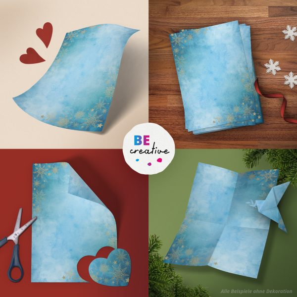 50 Blatt Briefpapier (A4) | Winter Blue Aquarell Goldlook Sterne | Weihnachten Weihnachtspapier | edles Design Papier | beidseitig bedruckt | Bastelpapier – Bild 2