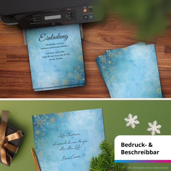 50 Blatt Briefpapier (A4) | Winter Blue Aquarell Goldlook Sterne | Weihnachten Weihnachtspapier | edles Design Papier | beidseitig bedruckt | Bastelpapier – Bild 6
