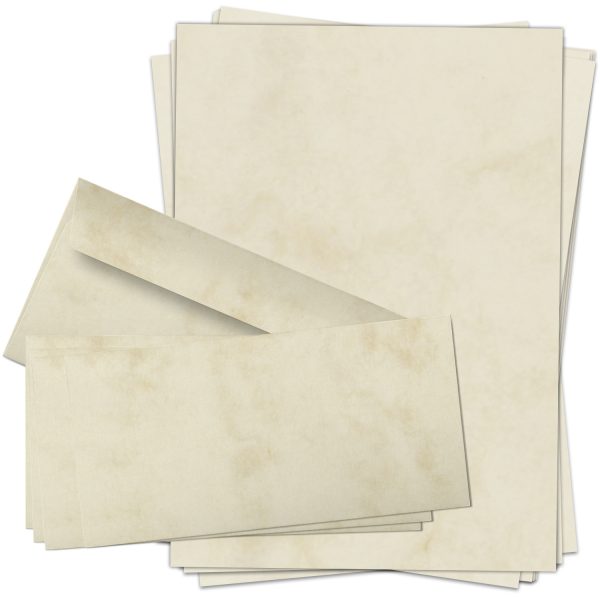 10 Briefpapiere und Briefumschläge SET | Marmor Beige | Papier und Umschlag mit Design-Motiv bedruckt | 90 g/m²