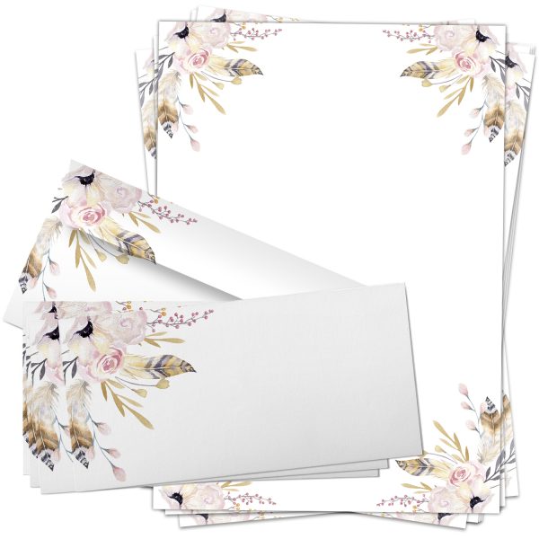 10 Briefpapiere und Briefumschläge SET | Blumen Vintage Feder | Papier und Umschlag mit Design-Motiv bedruckt | 90 g/m²