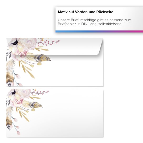 10 Briefpapiere und Briefumschläge SET | Blumen Vintage Feder | Papier und Umschlag mit Design-Motiv bedruckt | 90 g/m² – Bild 3