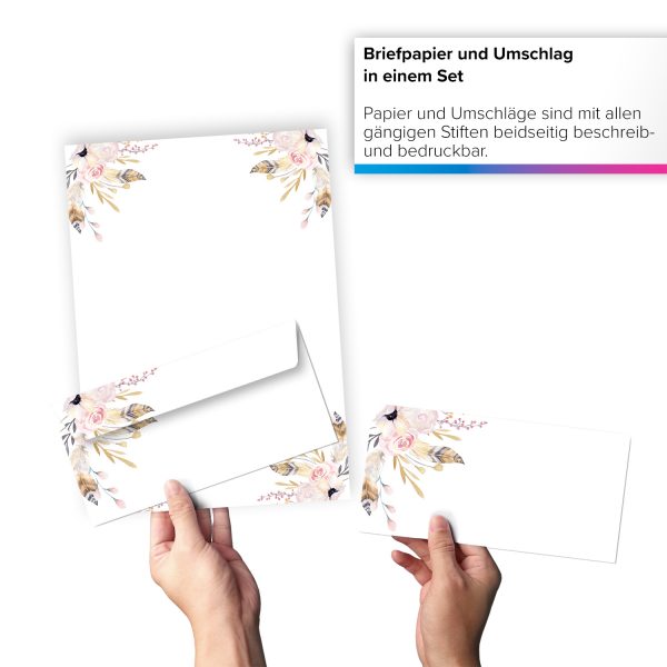 10 Briefpapiere und Briefumschläge SET | Blumen Vintage Feder | Papier und Umschlag mit Design-Motiv bedruckt | 90 g/m² – Bild 5