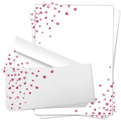 10 Briefpapiere und Briefumschläge SET | Herzen Liebesbrief | Papier und Umschlag mit Design-Motiv bedruckt | 90 g/m²