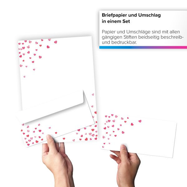 10 Briefpapiere und Briefumschläge SET | Herzen Liebesbrief | Papier und Umschlag mit Design-Motiv bedruckt | 90 g/m² – Bild 5