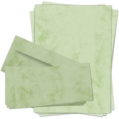10 Briefpapiere und Briefumschläge SET | Marmor grün | Papier und Umschlag mit Design-Motiv bedruckt | 90 g/m²