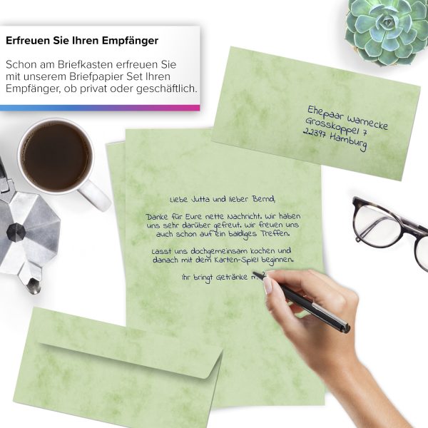 10 Briefpapiere und Briefumschläge SET | Marmor grün | Papier und Umschlag mit Design-Motiv bedruckt | 90 g/m² – Bild 2