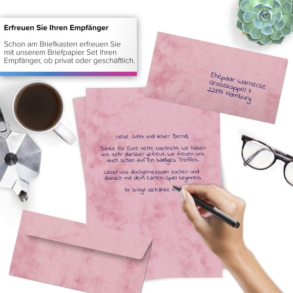 10 Briefpapiere und Briefumschläge SET | Marmor rot | Papier und Umschlag mit Design-Motiv bedruckt | 90 g/m² – Bild 2