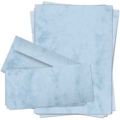 10 Briefpapiere und Briefumschläge SET | Marmor blau | Papier und Umschlag mit Design-Motiv bedruckt | 90 g/m²