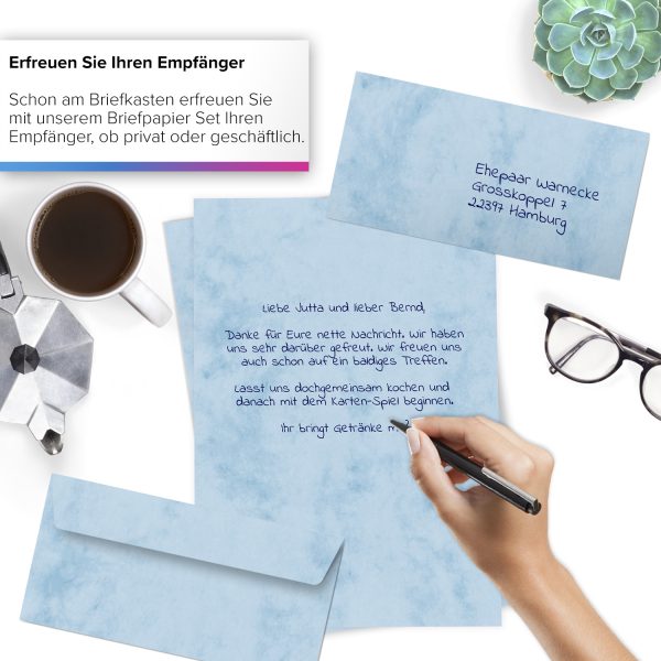 10 Briefpapiere und Briefumschläge SET | Marmor blau | Papier und Umschlag mit Design-Motiv bedruckt | 90 g/m² – Bild 2