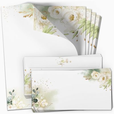 10 Briefpapier und Briefumschlag SET | Romantisch Brief weisse Rosen | Papier und Umschlag mit Design-Motiv bedruckt | 90 g/m²