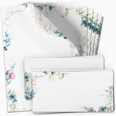 10 Briefpapier und Briefumschlag SET | Romantisch Blumen Modern | Papier und Umschlag mit Design-Motiv bedruckt | 90 g/m²