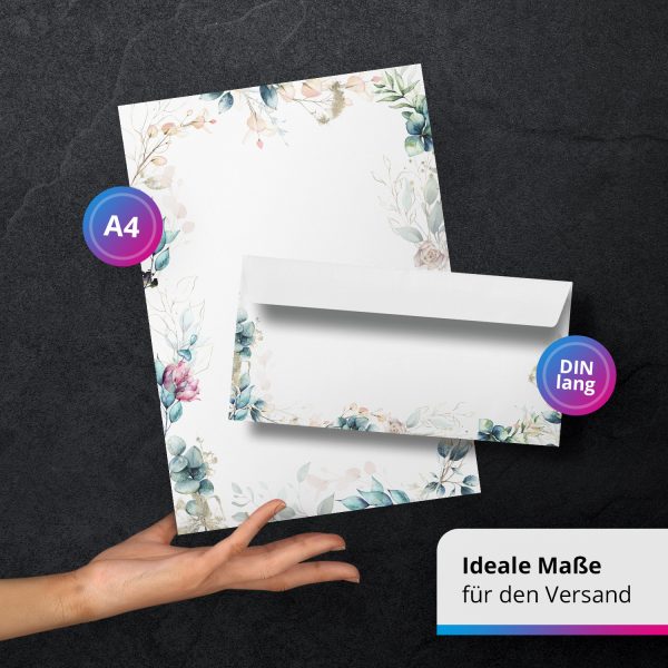 10 Briefpapier und Briefumschlag SET | Romantisch Blumen Modern | Papier und Umschlag mit Design-Motiv bedruckt | 90 g/m² – Bild 3