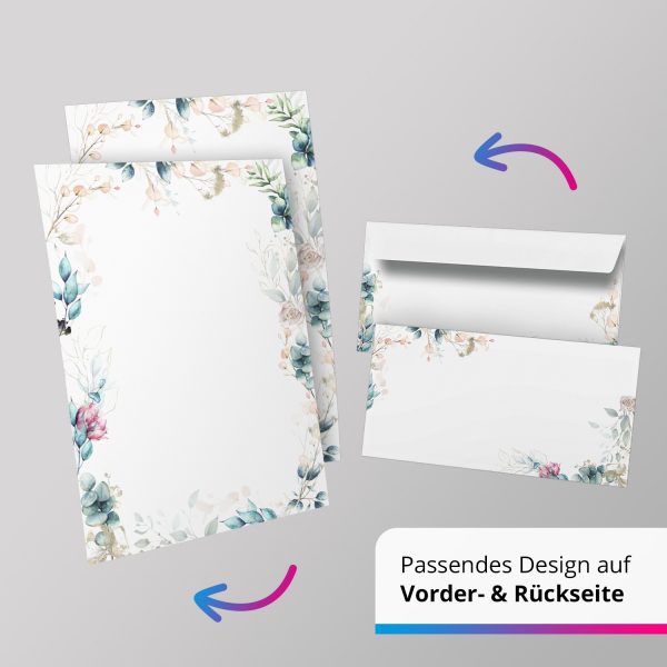 10 Briefpapier und Briefumschlag SET | Romantisch Blumen Modern | Papier und Umschlag mit Design-Motiv bedruckt | 90 g/m² – Bild 5
