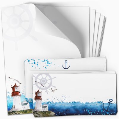 10 Briefpapier und Briefumschlag SET | Maritim Ostsee Nordsee Leuchtturm | Papier und Umschlag mit Design-Motiv bedruckt | 90 g/m²