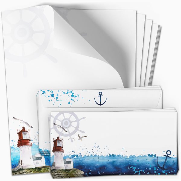 10 Briefpapier und Briefumschlag SET | Maritim Ostsee Nordsee Leuchtturm | Papier und Umschlag mit Design-Motiv bedruckt | 90 g/m²