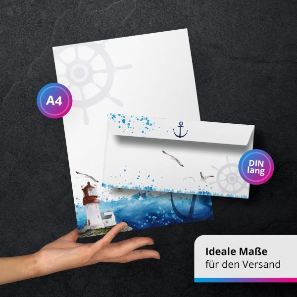 10 Briefpapier und Briefumschlag SET | Maritim Ostsee Nordsee Leuchtturm | Papier und Umschlag mit Design-Motiv bedruckt | 90 g/m² – Bild 3