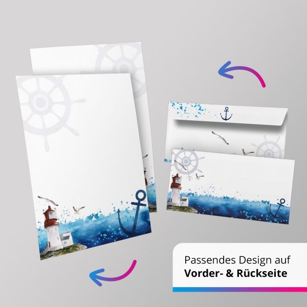 10 Briefpapier und Briefumschlag SET | Maritim Ostsee Nordsee Leuchtturm | Papier und Umschlag mit Design-Motiv bedruckt | 90 g/m² – Bild 5