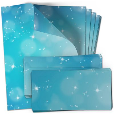 10 Briefpapier und Briefumschlag SET | Blau Sterne Modern | Papier und Umschlag mit Design-Motiv bedruckt | 90 g/m²