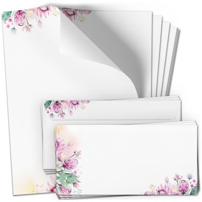 10 Briefpapier und Briefumschlag SET | Romantisch Blumen Brief | Papier und Umschlag mit Design-Motiv bedruckt | 90 g/m²