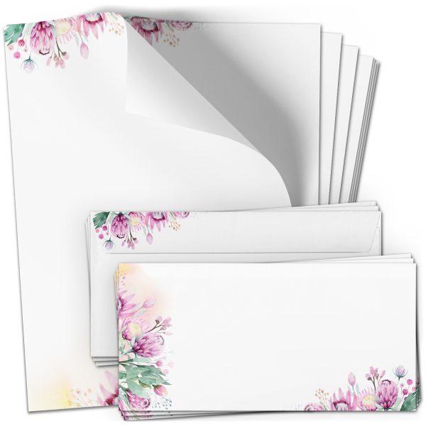 10 Briefpapier und Briefumschlag SET | Romantisch Blumen Brief | Papier und Umschlag mit Design-Motiv bedruckt | 90 g/m²