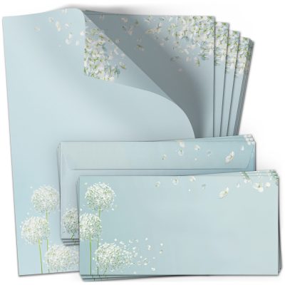 10 Briefpapier und Briefumschlag SET | Blumen Pusteblume Schneeball | Papier und Umschlag mit Design-Motiv bedruckt | 90 g/m²