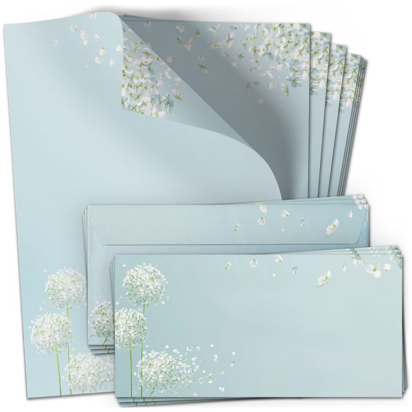 10 Briefpapier und Briefumschlag SET | Blumen Pusteblume Schneeball | Papier und Umschlag mit Design-Motiv bedruckt | 90 g/m²