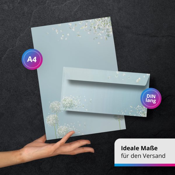 10 Briefpapier und Briefumschlag SET | Blumen Pusteblume Schneeball | Papier und Umschlag mit Design-Motiv bedruckt | 90 g/m² – Bild 3