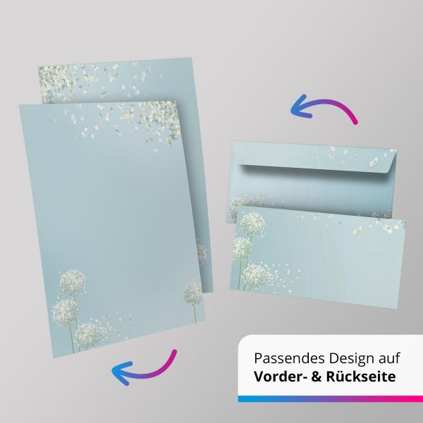 10 Briefpapier und Briefumschlag SET | Blumen Pusteblume Schneeball | Papier und Umschlag mit Design-Motiv bedruckt | 90 g/m² – Bild 5