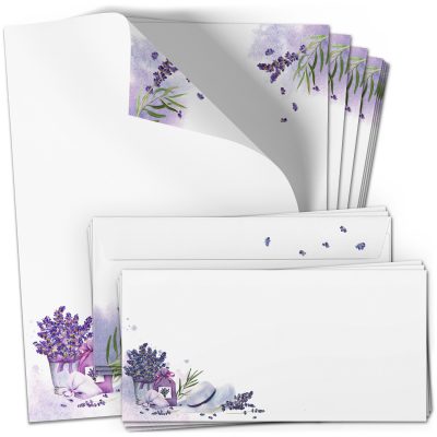 10 Briefpapier und Briefumschlag SET | Lavendel Lila Frankreich | Papier und Umschlag mit Design-Motiv bedruckt | 90 g/m²