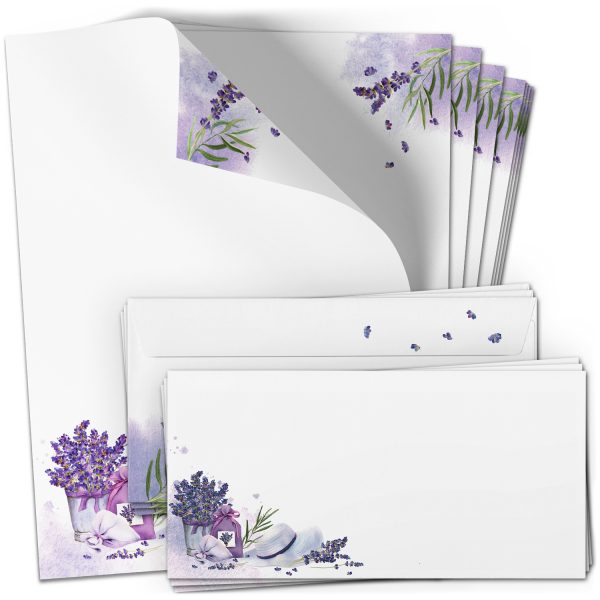 10 Briefpapier und Briefumschlag SET | Lavendel Lila Frankreich | Papier und Umschlag mit Design-Motiv bedruckt | 90 g/m²