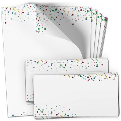 10 Briefpapier und Briefumschlag SET | Konfetti Einladung Party | Papier und Umschlag mit Design-Motiv bedruckt | 90 g/m²
