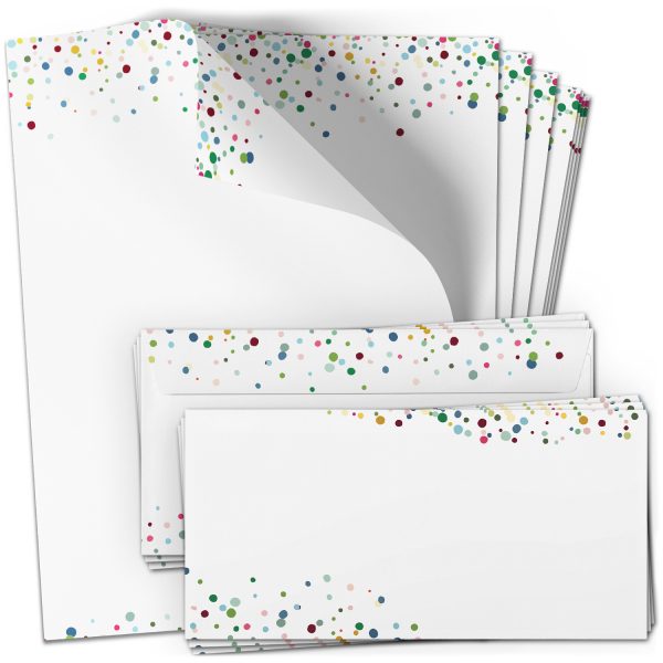 10 Briefpapier und Briefumschlag SET | Konfetti Einladung Party | Papier und Umschlag mit Design-Motiv bedruckt | 90 g/m²