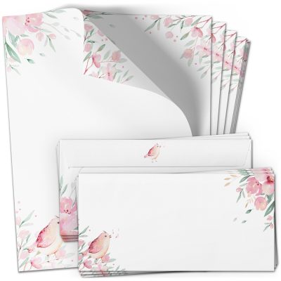 10Briefpapier und Briefumschlag SET | Rosa Blüten Spatz | Papier und Umschlag mit Design-Motiv bedruckt | 90 g/m²