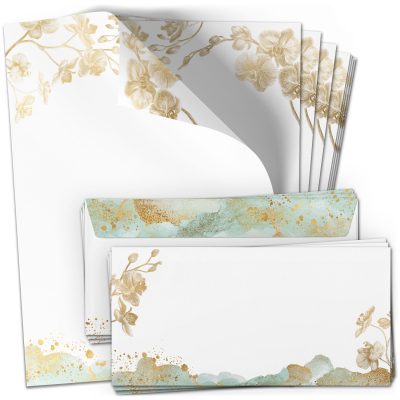 10 Briefpapier und Briefumschlag SET | Orchidee Gold-Look | Papier und Umschlag mit Design-Motiv bedruckt | 90 g/m²