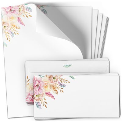 10 Briefpapier und Briefumschlag SET | Rosa Federn | Papier und Umschlag mit Design-Motiv bedruckt | 90 g/m²