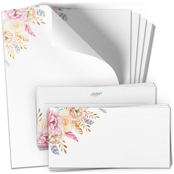 10 Briefpapier und Briefumschlag SET | Rosa Federn | Papier und Umschlag mit Design-Motiv bedruckt | 90 g/m²