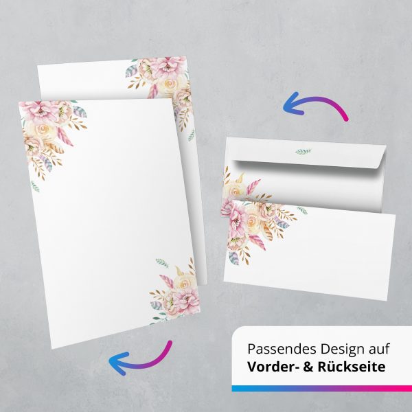 10 Briefpapier und Briefumschlag SET | Rosa Federn | Papier und Umschlag mit Design-Motiv bedruckt | 90 g/m² – Bild 5