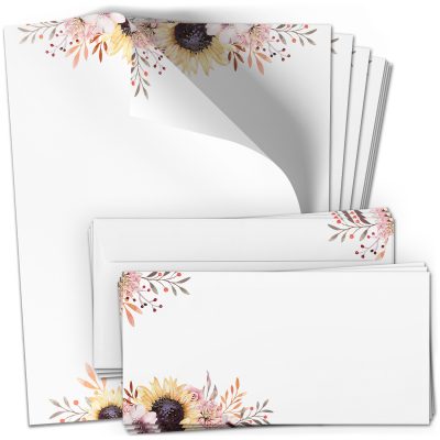 10 Briefpapier und Briefumschlag SET | Sonnenblume Blumen | Papier und Umschlag mit Design-Motiv bedruckt | 90 g/m²