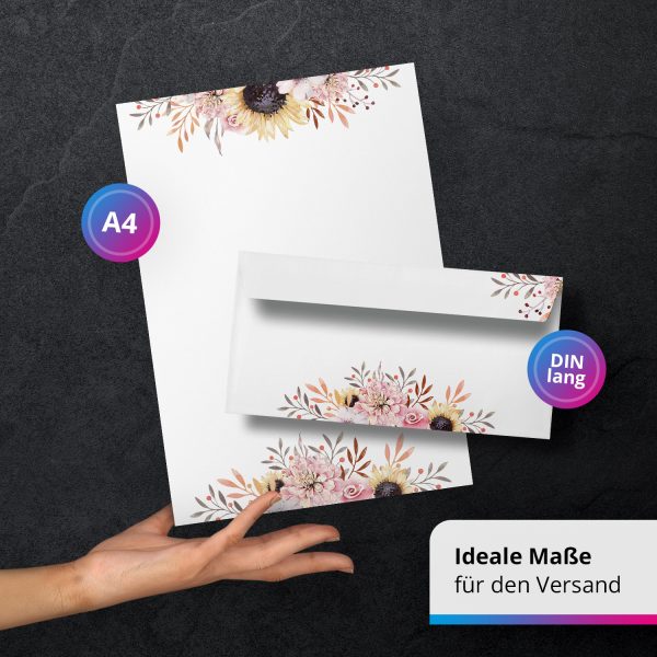 10 Briefpapier und Briefumschlag SET | Sonnenblume Blumen | Papier und Umschlag mit Design-Motiv bedruckt | 90 g/m² – Bild 3