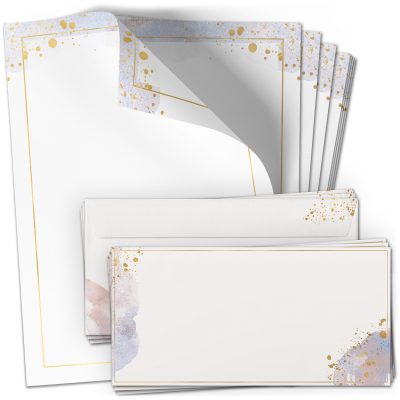 10 Briefpapier und Briefumschlag SET | Aquarell Gold-Look | Papier und Umschlag mit Design-Motiv bedruckt | 90 g/m²