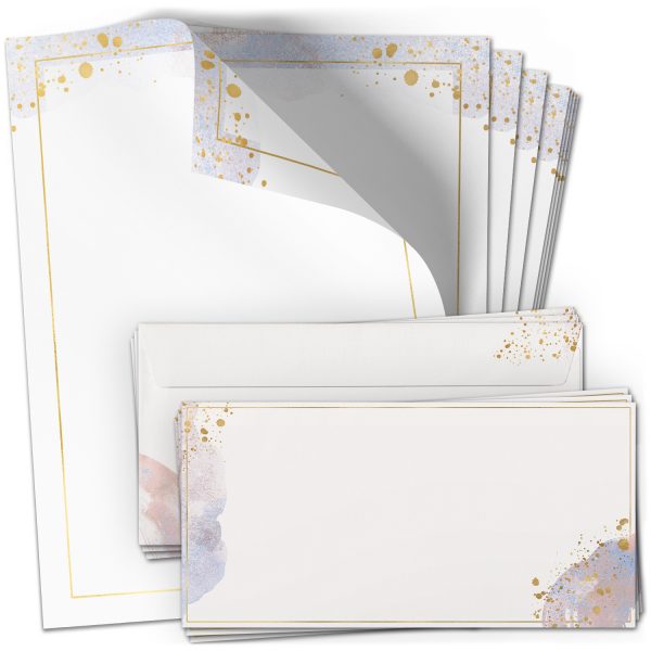 10 Briefpapier und Briefumschlag SET | Aquarell Gold-Look | Papier und Umschlag mit Design-Motiv bedruckt | 90 g/m²
