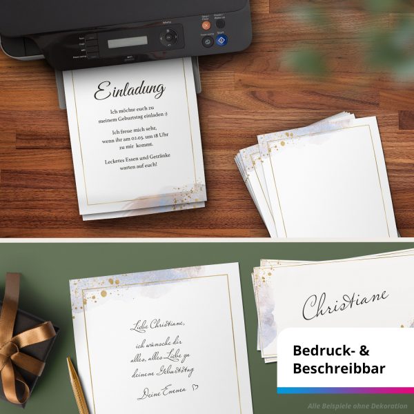 10 Briefpapier und Briefumschlag SET | Aquarell Gold-Look | Papier und Umschlag mit Design-Motiv bedruckt | 90 g/m² – Bild 6