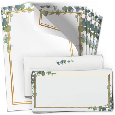 10 Briefpapier und Briefumschlag SET | Eukalyptus Gold-Look | Papier und Umschlag mit Design-Motiv bedruckt | 90 g/m²