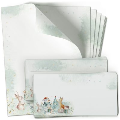 10 Briefpapier und Briefumschlag SET | Weihnachten Weihnachtstiere Weihnachtspost | Papier und Umschlag mit Design-Motiv bedruckt | 90 g/m²