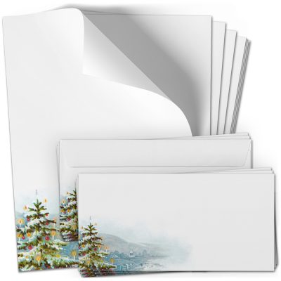 10 Briefpapier und Briefumschlag SET | Weihnachten Tannenbaum weihnachtlich | Papier und Umschlag mit Design-Motiv bedruckt | 90 g/m²