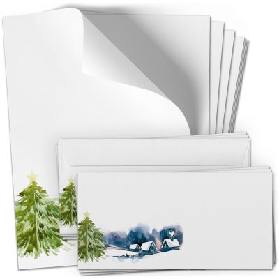 10 Briefpapier und Briefumschlag SET | Weihnachten Winter Landschaft | Papier und Umschlag mit Design-Motiv bedruckt | 90 g/m²